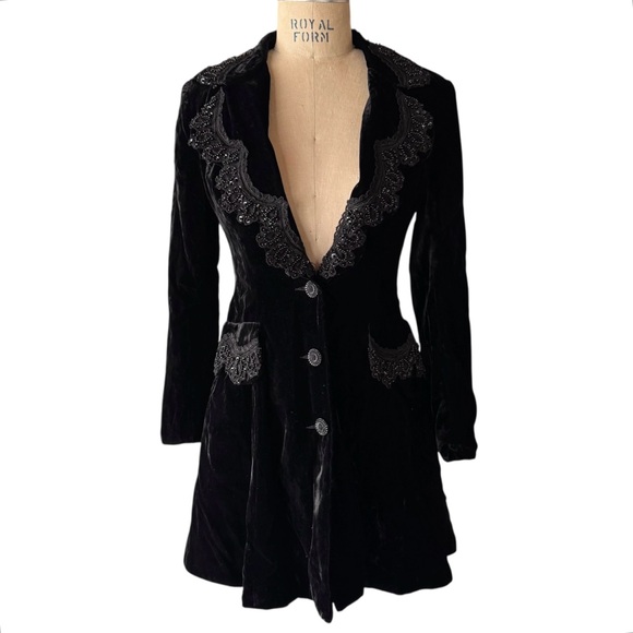 Vintage 1993 Anna Sui Black Velvet Beaded Edwardian Frock Coat